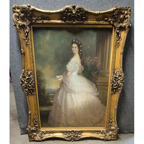 25 - A large 18th Century style full length portrait of a lady in a white dress, oil on canvas, 120 x 90c... 