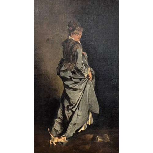 32 - G. Richardson, full length portrait of a lady in a green dress with kitten, oil on canvas, signed lo... 