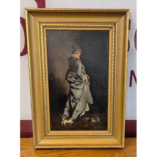 32 - G. Richardson, full length portrait of a lady in a green dress with kitten, oil on canvas, signed lo... 