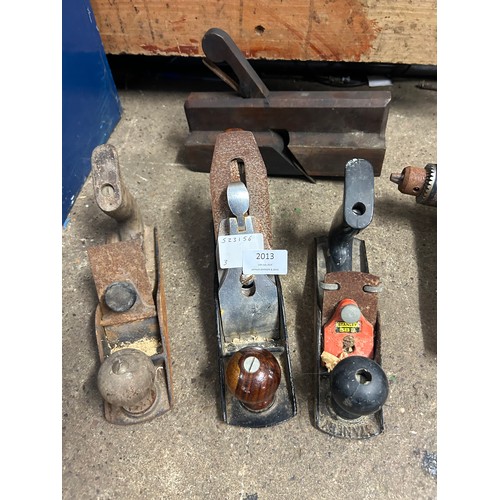 2013 - Three vintage wood planes including a Stanley SB3, a No.3 plane and one other, a molding plane, a Nu... 