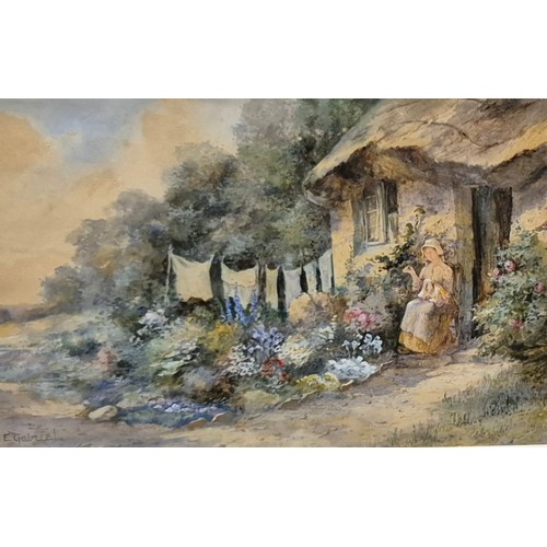 38 - E. Gabriel, lady sewing in an English cottage garden, watercolour, signed lower left, 19 x 28cms, fr... 