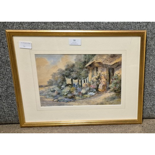 38 - E. Gabriel, lady sewing in an English cottage garden, watercolour, signed lower left, 19 x 28cms, fr... 