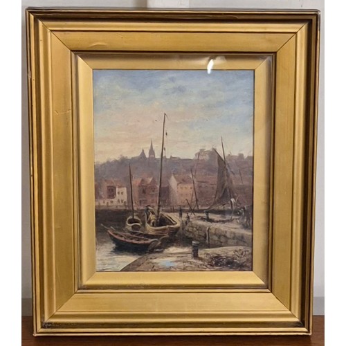 41 - Walter Greaves (1846-1930), Whitby Harbour, oil on board, signed lower right, 22 x 17cms, framed