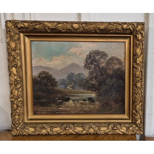 43 - J. Edgar (19th Century), river landscape with a cottage, oil on board, 39 x 49cms, framed