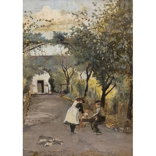 44 - John Houghton Hague, (1842-1934), children on an orchard path, oil on board, signed lower left, 48 x... 