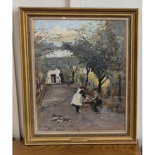 44 - John Houghton Hague, (1842-1934), children on an orchard path, oil on board, signed lower left, 48 x... 