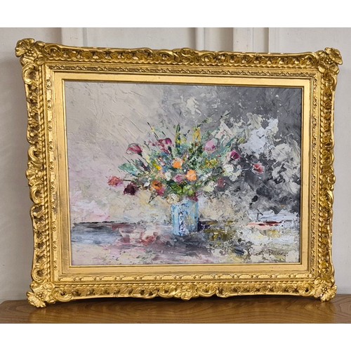 49 - Robert Davies (20th Century), still life of flowers in vase, oil on board, 39 x 50cms, framed