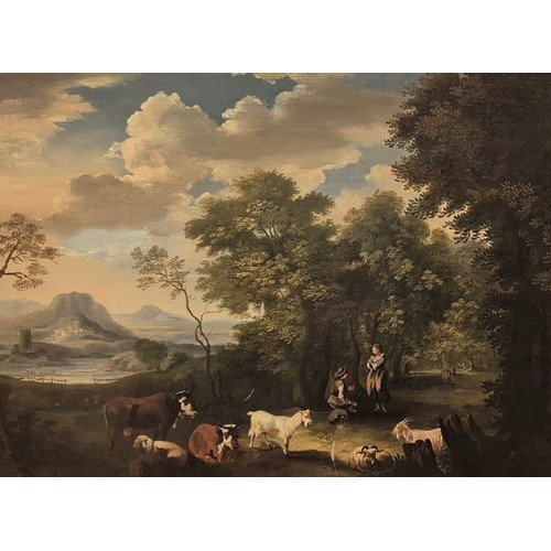 54 - Continental School (mid 18th Century), landscape with figures, cows, sheep and goats in a woodland c... 