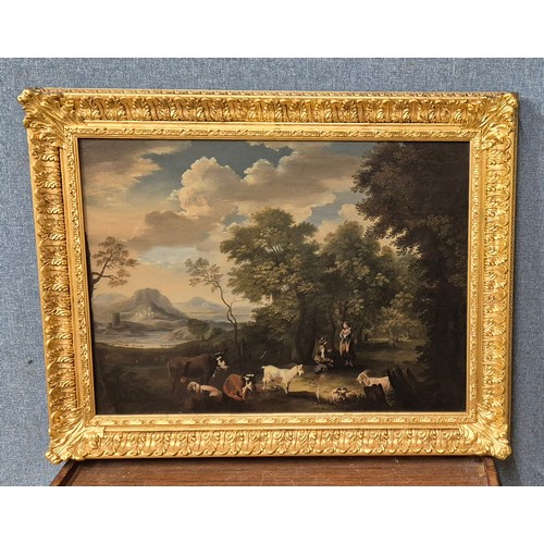 54 - Continental School (mid 18th Century), landscape with figures, cows, sheep and goats in a woodland c... 