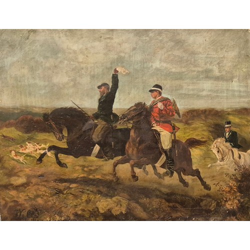 55 - Guillaume Régamey (French 1837-1875), fox hunting scene, oil on canvas, 65 x 80cms, unframed