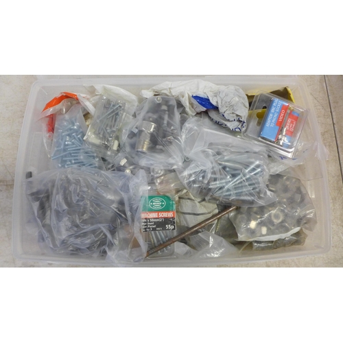 2044 - A large quantity of assorted screws, nails, bolts, washers, nuts, connectors and fittings and a box ... 