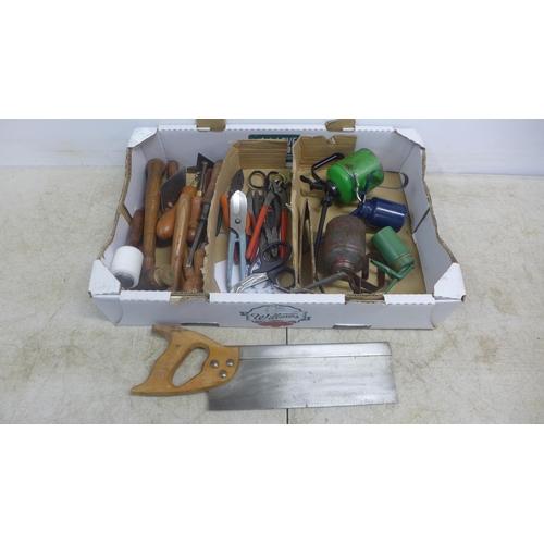 2054 - A box of various hand tools including files, hammers, pliers, scissors, vintage oil cans, a saw, etc... 