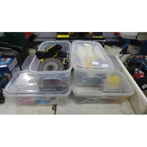 2059 - 6 plastic tubs containing an assortment of tools and other related items including grinding and cutt... 