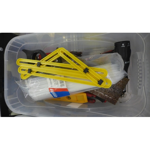 2059 - 6 plastic tubs containing an assortment of tools and other related items including grinding and cutt... 