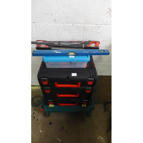 2068 - A Milwaukee 3 section stackable tool box including screwdrivers, pliers, wall fixings, screws, tape ... 