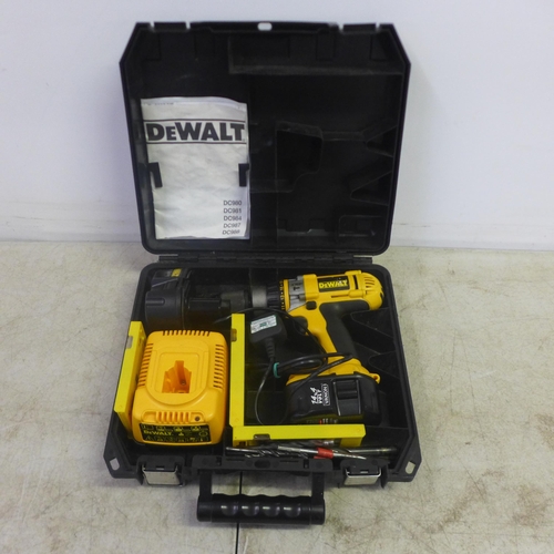 2015 - A Dewalt DC984 14.4v cordless power drill with two batteries, drill bit set, battery charger, instru... 