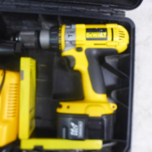 2015 - A Dewalt DC984 14.4v cordless power drill with two batteries, drill bit set, battery charger, instru... 