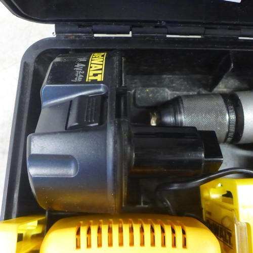 2015 - A Dewalt DC984 14.4v cordless power drill with two batteries, drill bit set, battery charger, instru... 