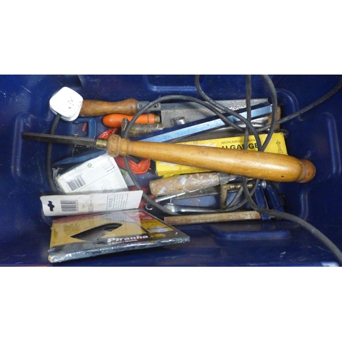 2031 - A box of assorted hand tools, clamps, a plane, a Rotozip Rebel spiral saw and a Bosch GKS 24V power ... 