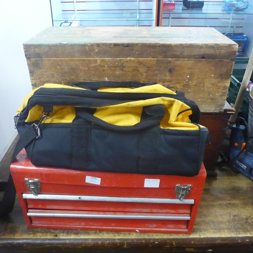 2036 - A red metal tool box with two drawers including sockets, screwdriver heads, wrenches, etc. 2 empty w... 