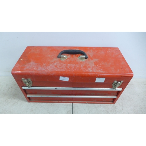 2036 - A red metal tool box with two drawers including sockets, screwdriver heads, wrenches, etc. 2 empty w... 