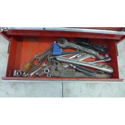 2036 - A red metal tool box with two drawers including sockets, screwdriver heads, wrenches, etc. 2 empty w... 