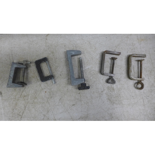 2037 - A quantity of assorted clamps including 2 sash clamps, 1 F-clamp and 11 G-clamps