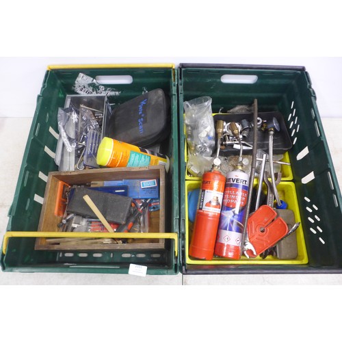 2051 - 2 boxes of assorted hand tools, mostly plumbing tools, sockets and fittings etc.