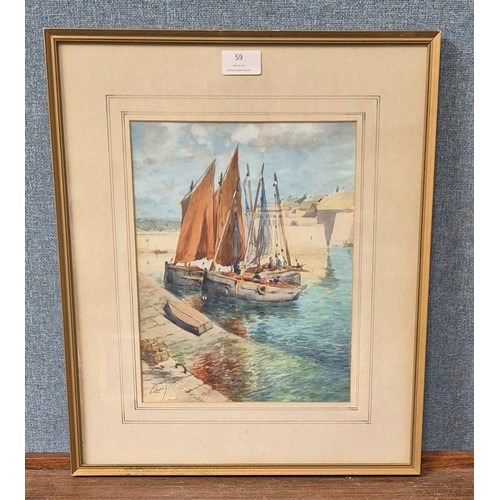 59 - French School (early 20th Century), boats in a quay, watercolour, indistinctly signed lower right, 2... 