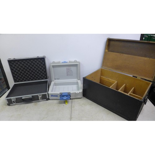 2359 - A Ferm fire safe case with key, a case with 2 keys and a wooden joinery box