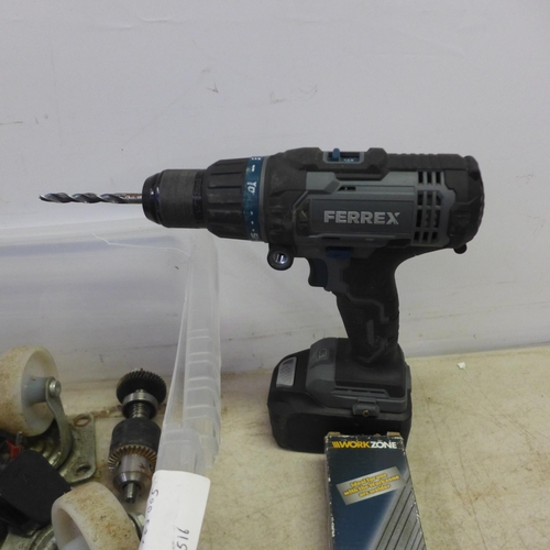 2057 - A quantity of power tools and other items including a Ferrex 20V cordless power drill with battery, ... 