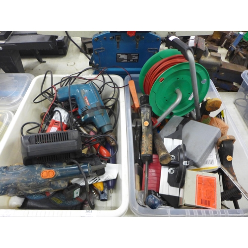 2058 - 2 plastic tubs of assorted tools and other items including a Black and Decker KA185, 240V, 135W shee... 