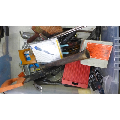 2058 - 2 plastic tubs of assorted tools and other items including a Black and Decker KA185, 240V, 135W shee... 