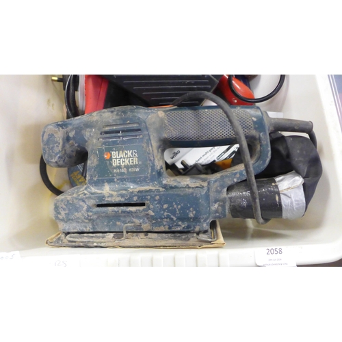 2058 - 2 plastic tubs of assorted tools and other items including a Black and Decker KA185, 240V, 135W shee... 