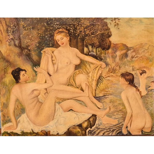 70 - French School (20th Century), study of three female nudes bathing, oil on canvas, 40 x 51cms, unfram... 