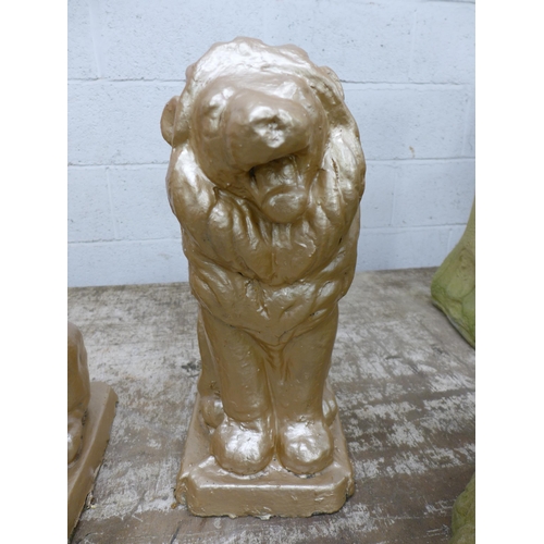 2211 - 3 gold painted concrete lion garden ornaments