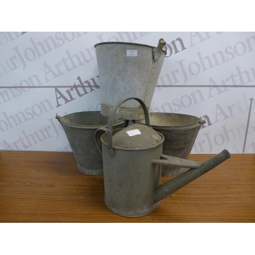 2212 - 3 galvanized metal buckets, a galvanized watering can and a quantity of assorted tools and other ite... 