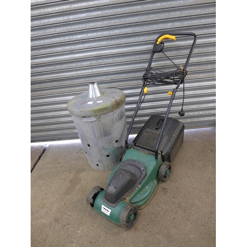 2237 - A FPLM1000-4 electric lawn mower, a water container and a metal dustbin incinerator