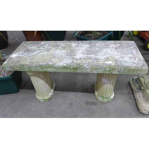 2241 - A 3 piece stone effect concrete garden bench with decorative flower design bench bases