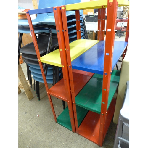 2256 - Two boltless 4 shelf shelving units and two plastic storage drawers