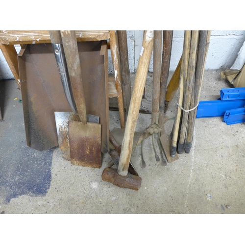 2264 - A 4 rung wooden step ladder and a quantity of garden tools including spades, hoes, cultivators, drai... 