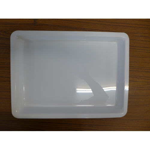 2267 - 8 stainless steel storage trays and 10 assorted plastic catering trays