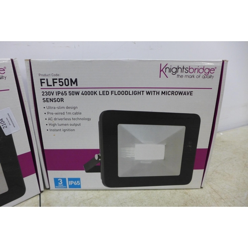 2104 - 2 Knightsbridge FLF50M, 230V LED floodlights with microwave sensors, both boxed