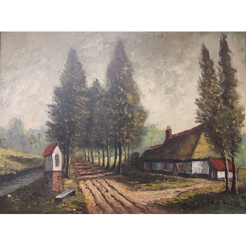 74 - Flemish School (20th Century), rural landscape with a cottage, oil on canvas, indistinctly signed, 5... 