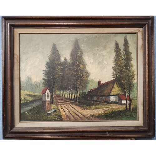 74 - Flemish School (20th Century), rural landscape with a cottage, oil on canvas, indistinctly signed, 5... 