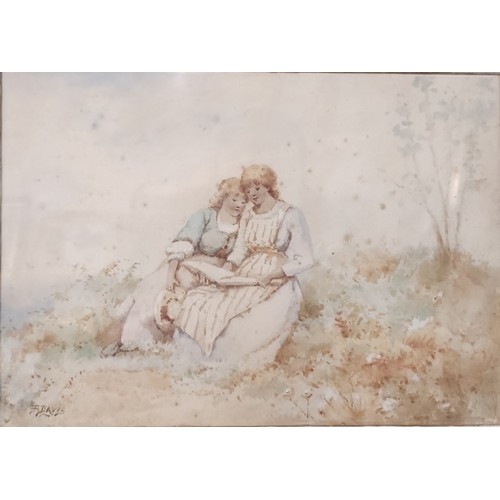 77 - F.Davis, study of two girls reading, watercolour, signed lower left, 24 x 33cms, framed