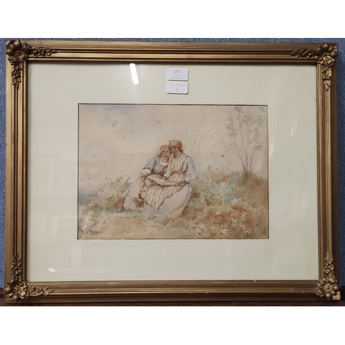 77 - F.Davis, study of two girls reading, watercolour, signed lower left, 24 x 33cms, framed