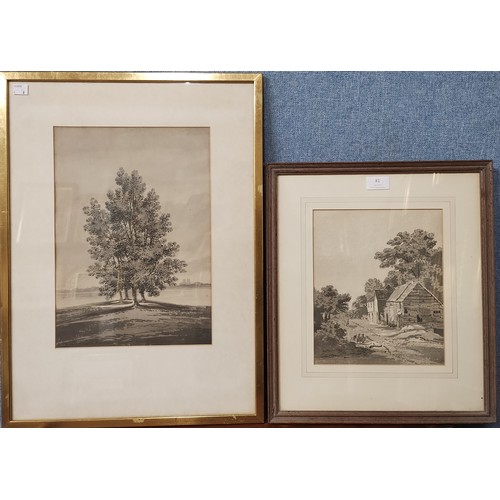 81 - James Bourne (1773-1854), Aspen trees in a landscape, watercolour, 36 x 25cms, framed and a village ... 