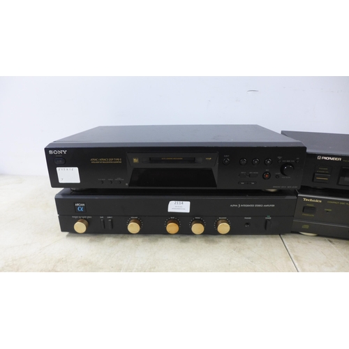 2114 - A quantity of stereo equipment including a Sony MDS-JE480 mini disc deck, an Arcam Alpha 3 integrate... 