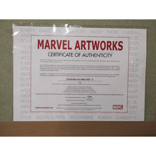 91 - A limited edition Marvels, Ironman print on canvas, signed by Stan Lee, 67 x 45cms, C.O.A. verso, fr... 